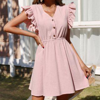 Sleeveless Ruffled-trim V-neck A-line Mini Dress