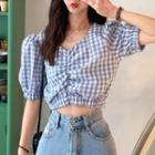 Puff-sleeve V-neck Check Cropped Blouse