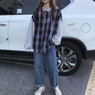 Puff-sleeve Plaid Panel Hooded Shirt As Shown In Figure - One Size