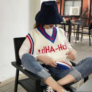 Color-block Lettering V-neck Knit Vest