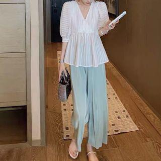 Set: Puff Sleeve V-neck Peplum Top + Plain Wide-leg Pants