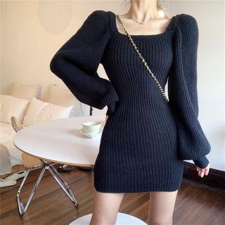 Long-sleeve Square-neck Knit Mini Bodycon Dress