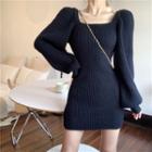 Long-sleeve Square-neck Knit Mini Bodycon Dress