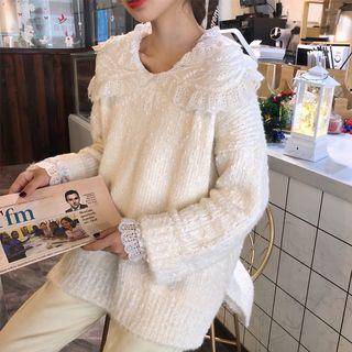 Set: V-neck Sweater + Long-sleeve Double Collar Lace Top