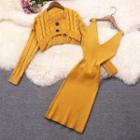 Set: Knit Tank Dress + Cable Knit Crop Cardigan Curcumin - One Size