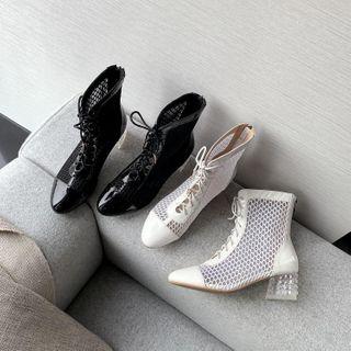 Block Heel Mesh Panel Tall Boots