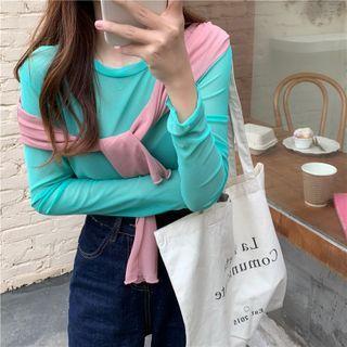 Long-sleeve Round Neck Mesh Top