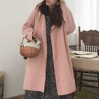 Hooded Open-front Coat / Long-sleeve Dotted Midi A-line Dress