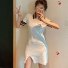 Striped Short-sleeve Knit Polo Dress White - One Size