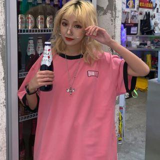 Letter Embroidered Short-sleeve T-shirt Pink - One Size