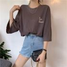Elbow-sleeve Printed T-shirt Tshirt - Brown - One Size