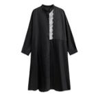 Long-sleeve Lace Trim Midi Shirtdress Black - One Size