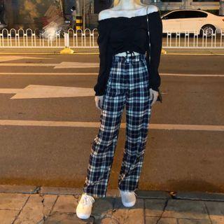 Long-sleeve Drawstring Off-shoulder T-shirt / Plaid Straight Leg Pants