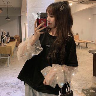 Mesh Panel Long-sleeve Letter Printed Top