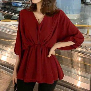 V-neck Puff-sleeve Chiffon Peplum Top