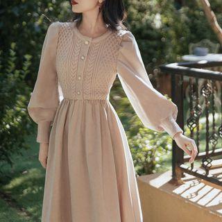 Long-sleeve Button-up Cable Knit Panel Midi A-line Dress