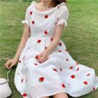 Short-sleeve Strawberry Embroidered Midi A-line Dress