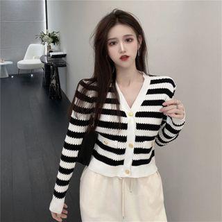 V-neck Striped Cropped Cardigan Black & White - One Size