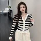 V-neck Striped Cropped Cardigan Black & White - One Size