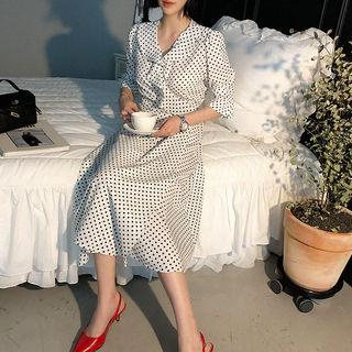 3/4-sleeve Polka-dot Long Wrap Dress
