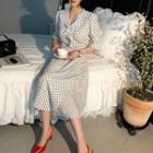 3/4-sleeve Polka-dot Long Wrap Dress