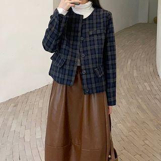 Plaid Single-breasted Cropped Blazer Blue - One Size