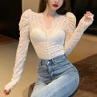 Puff-sleeve V-neck Plain Lace Blouse