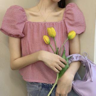 Square Neck Short-sleeve Blouse Red - One Size