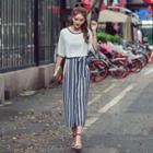 Set: Piped Short-sleeve Top + Pinstripe Wide Leg Pants