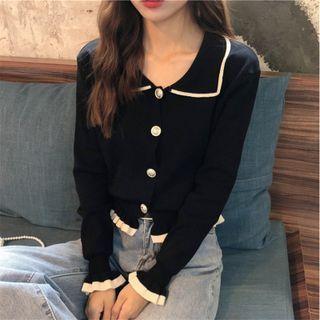 Bell-sleeve Collared Contrast Trim Knit Top Black - One Size