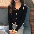 Bell-sleeve Collared Contrast Trim Knit Top Black - One Size