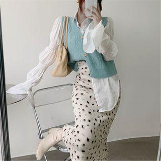 Knit Vest / Plain Shirt / Dotted Midi Skirt