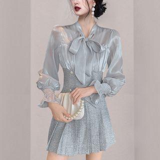 Set: Tie-neck Blouse + High Waist Pleated Mini A-line Skirt