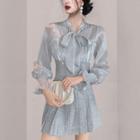 Set: Tie-neck Blouse + High Waist Pleated Mini A-line Skirt
