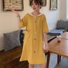 Elbow-sleeve Button Mini A-line Dress