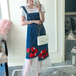 Mesh Hem Embroidered Denim Pinafore Dress