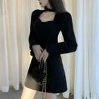 Puff-sleeve Choker-neck A-line Dress