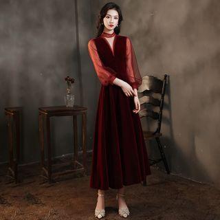 Long-sleeve Mesh Panel Velvet Evening Dress