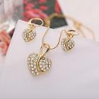 Set : Heart Rhinestone Pendant Necklace + Dangle Earring C02-01-34 - Set Of 3 - Earrings & Necklace - Gold - One Size
