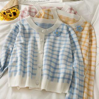 Flower-accent Checker Loose Cardigan
