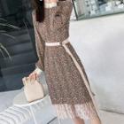 Lace Panel Flower Print Long-sleeve Shift Dress