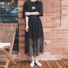 Set: Embroidered Short-sleeve T-shirt Dress + Lace Midi Skirt