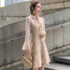 Chiffon Panel Long-sleeve A-line Tweed Dress