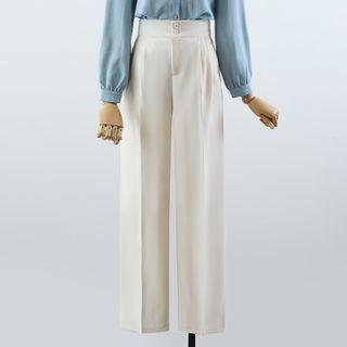 Puff-sleeve Dotted Blouse / Straight Leg Pants