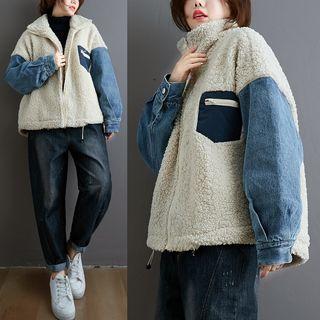 Fleece-panel Denim Jacket Almond - One Size