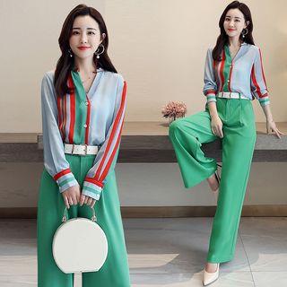Set: Color Block V-neck Top + Wide-leg Pants