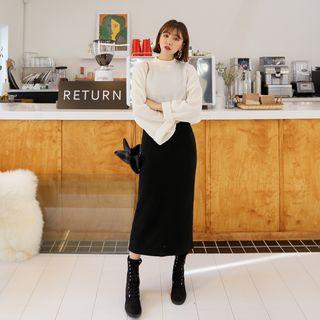 Set: Mock-neck Knit Top + Sleeveless Slit-side Long Dress