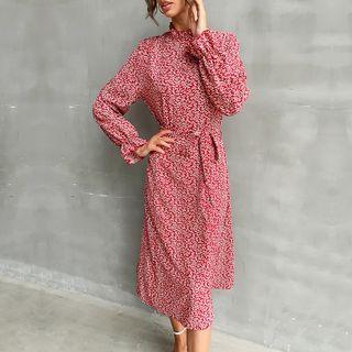 Long Sleeve Tie-waist Floral Print Maxi A-line Dress