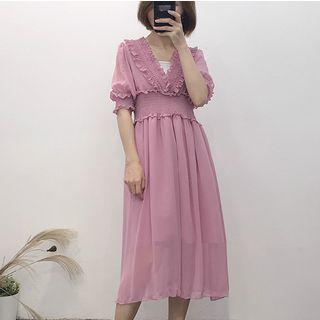 V-neck Ruffle Trim Elbow-sleeve Midi Dress