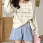 Long-sleeve Open-knit Top/ Knitted Wide-leg Shorts